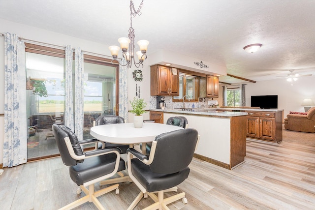 333 Salem Rd, Caledonia, OH 43314 - dining room featuring light wood-type flooring, a textured ceiling, ceiling fan, and a chandelier