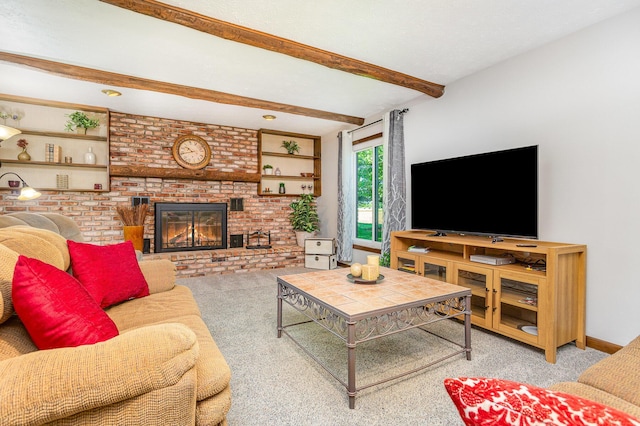 333 Salem Rd, Caledonia, OH 43314 - living area featuring carpet floors, beam ceiling, and a fireplace