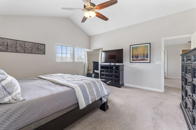 bedroom featuring baseboards, high vaulted ceiling, light carpet, and ceiling fan