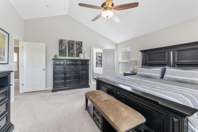 carpeted bedroom with high vaulted ceiling, baseboards, and a ceiling fan