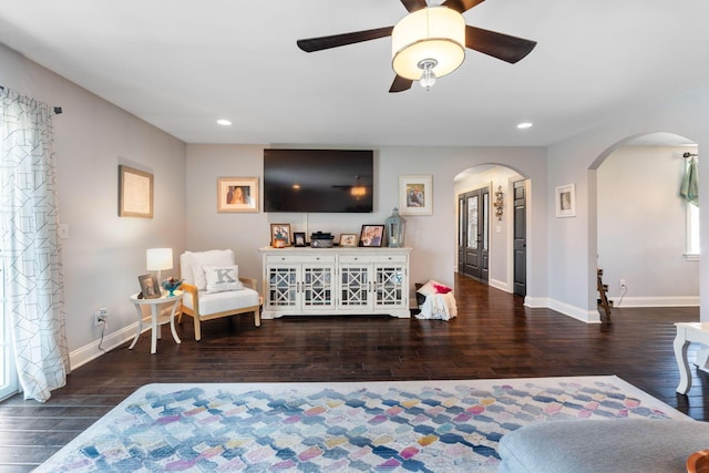 1012 Lake Fork Rd, Utica, OH 43080 - living room featuring ceiling fan, arched walkways, wood finished floors, baseboards, and recessed lighting