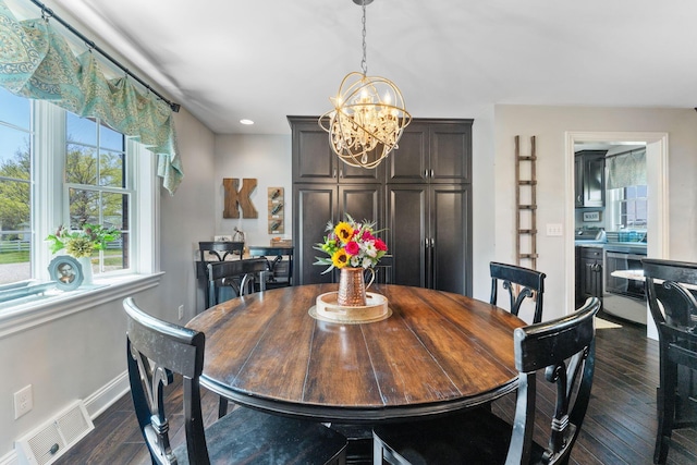 1012 Lake Fork Rd, Utica, OH 43080 - dining room featuring visible vents, baseboards, dark wood-style floors, a chandelier, and recessed lighting