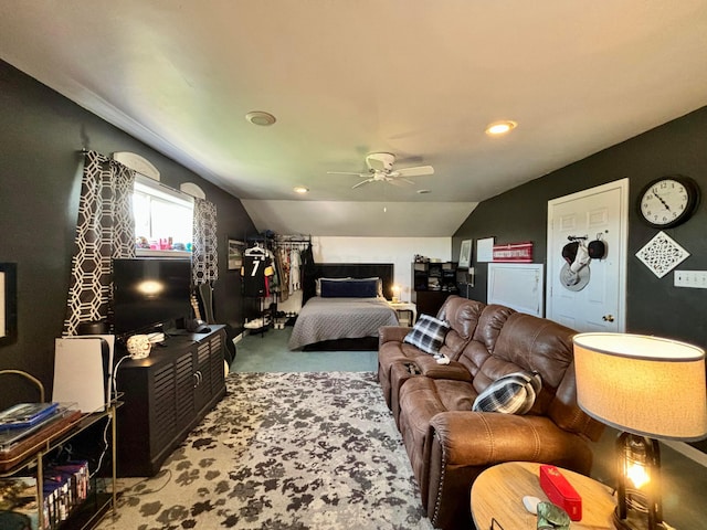 1012 Lake Fork Rd, Utica, OH 43080 - bedroom with carpet flooring, ceiling fan, and vaulted ceiling
