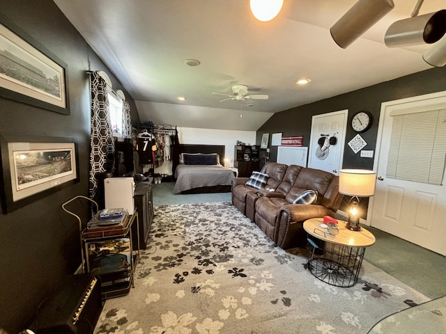 1012 Lake Fork Rd, Utica, OH 43080 - carpeted living area featuring recessed lighting, ceiling fan, and vaulted ceiling