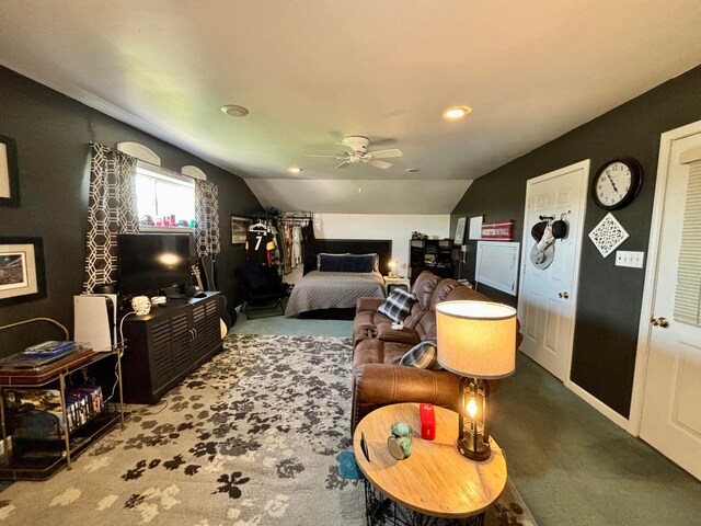 1012 Lake Fork Rd, Utica, OH 43080 - bedroom with a ceiling fan, lofted ceiling, baseboards, recessed lighting, and carpet flooring
