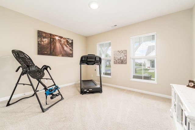 workout area featuring carpet floors and baseboards