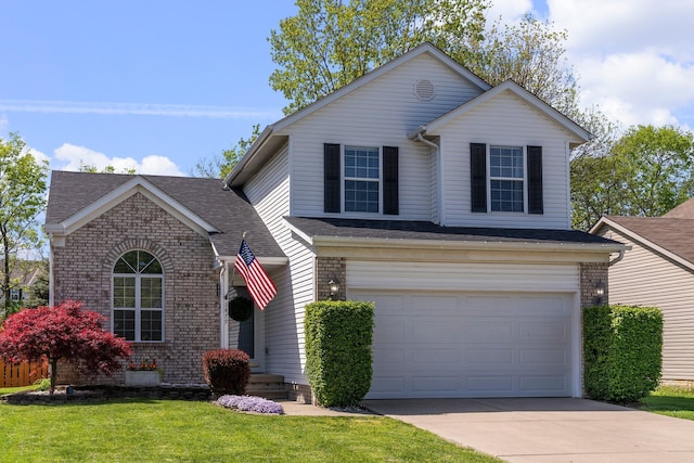1479 Brookforest Dr, Columbus, OH 43204 - view of front facade featuring a shingled roof, an attached garage, a front lawn, brick siding, and concrete driveway