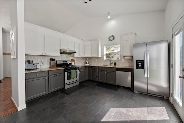 1479 Brookforest Dr, Columbus, OH 43204 - kitchen featuring appliances with stainless steel finishes, tasteful backsplash, gray cabinetry, a sink, and under cabinet range hood
