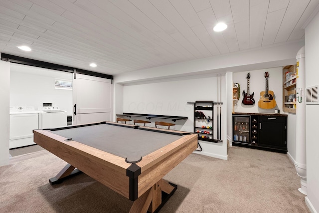 1479 Brookforest Dr, Columbus, OH 43204 - playroom with light carpet, a bar, recessed lighting, wood ceiling, and separate washer and dryer