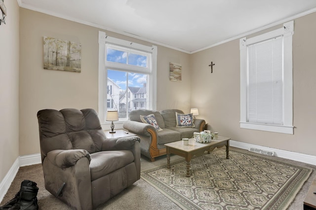 1227 E Chestnut St, Lancaster, OH 43130 - carpeted living area featuring baseboards, ornamental molding, and visible vents