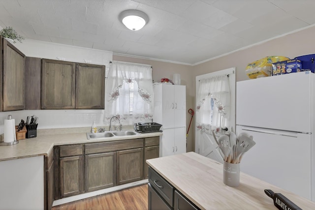 1227 E Chestnut St, Lancaster, OH 43130 - kitchen featuring a sink, light countertops, crown molding, and freestanding refrigerator