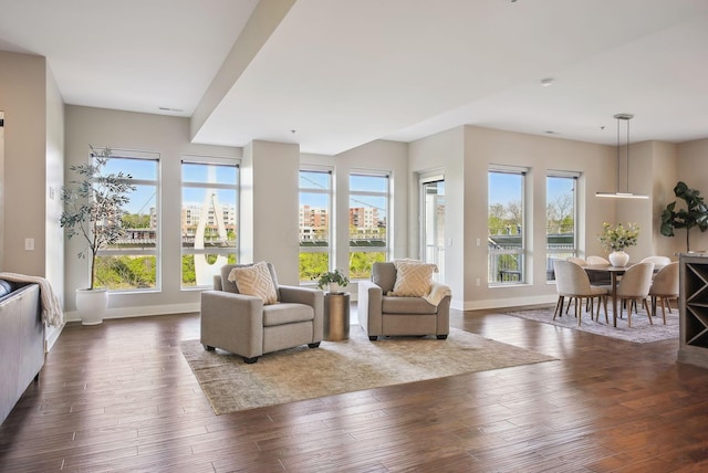 living area featuring healthy amount of natural light, dark wood-style flooring, and baseboards