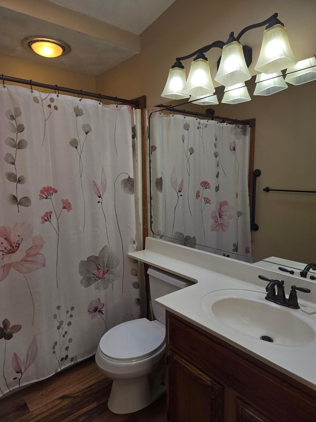 bathroom featuring vanity, wood finished floors, and toilet