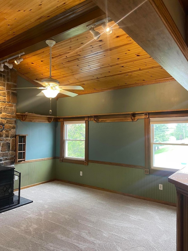 10519 Darby Creek Rd, Orient, OH 43146 - unfurnished living room featuring wood ceiling, lofted ceiling, rail lighting, a wainscoted wall, and ceiling fan