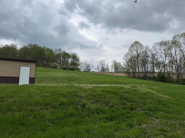 view of yard featuring a rural view, an outbuilding, and a shed