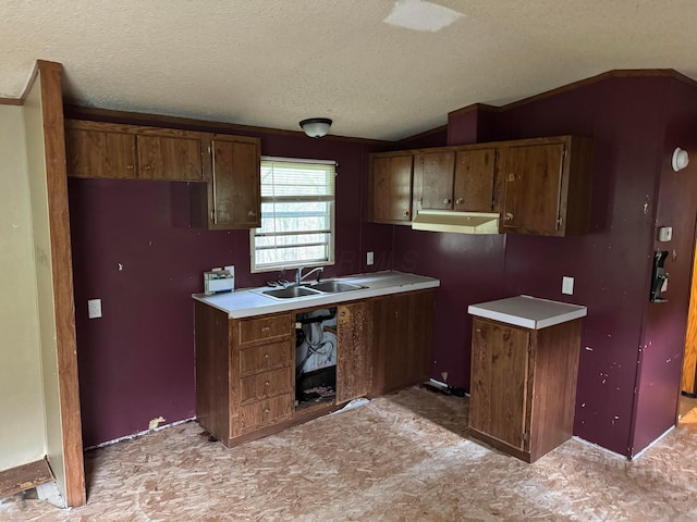 kitchen featuring a textured ceiling, vaulted ceiling, brown cabinetry, and a sink