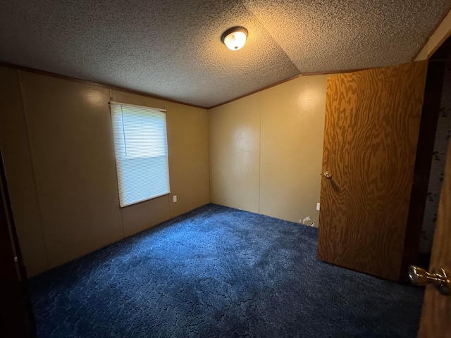 carpeted empty room featuring a textured ceiling and lofted ceiling