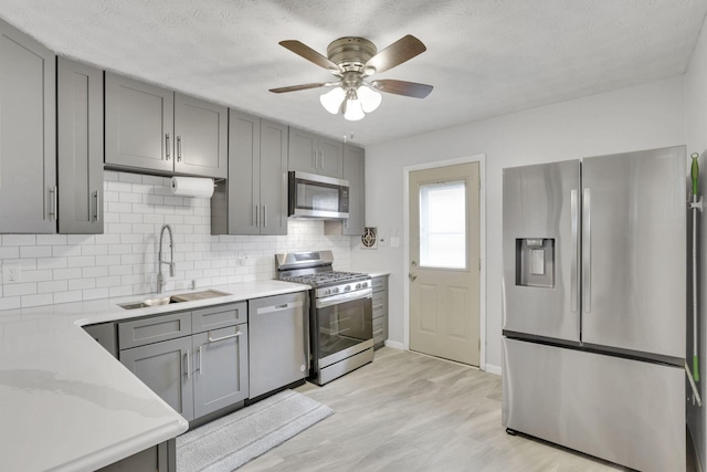 kitchen featuring a sink, appliances with stainless steel finishes, gray cabinets, and tasteful backsplash