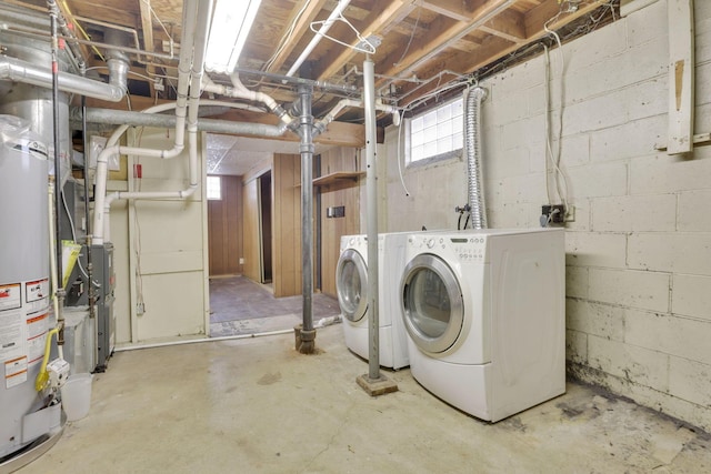 laundry area with independent washer and dryer, laundry area, and water heater