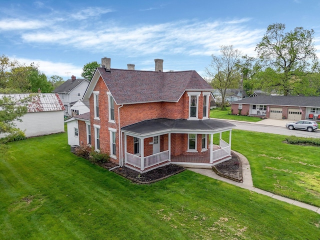 74 S Chester St, West Jefferson, OH 43162 - exterior space with a porch, brick siding, a chimney, and a lawn