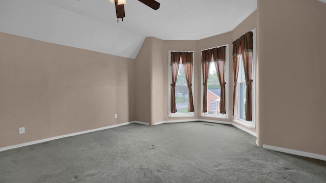 74 S Chester St, West Jefferson, OH 43162 - carpeted spare room with baseboards, visible vents, ceiling fan, and lofted ceiling