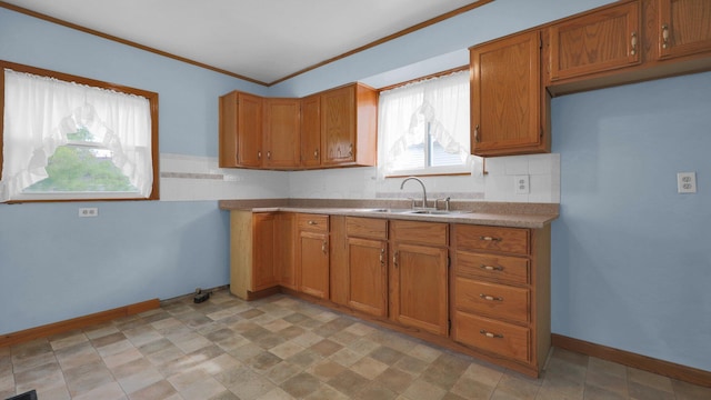 74 S Chester St, West Jefferson, OH 43162 - kitchen featuring brown cabinets, crown molding, a sink, baseboards, and decorative backsplash