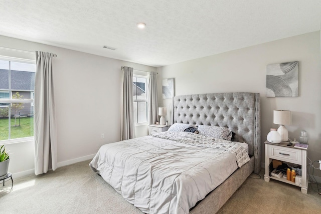 carpeted bedroom with a textured ceiling, baseboards, visible vents, and multiple windows