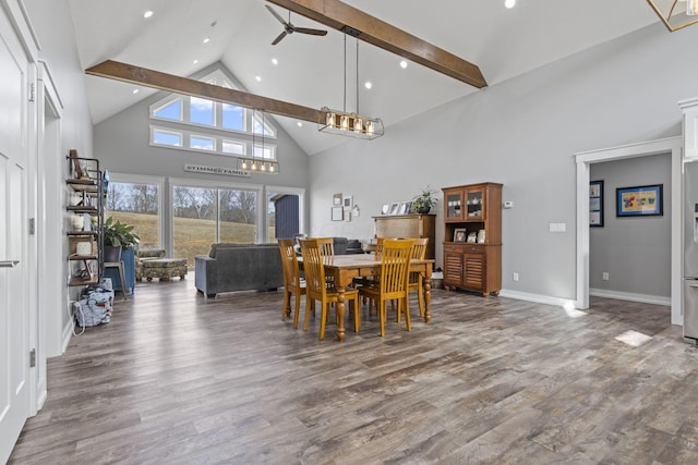 10695 State Route 93 N, Logan, OH 43138 - dining room with ceiling fan, high vaulted ceiling, recessed lighting, wood finished floors, and beamed ceiling