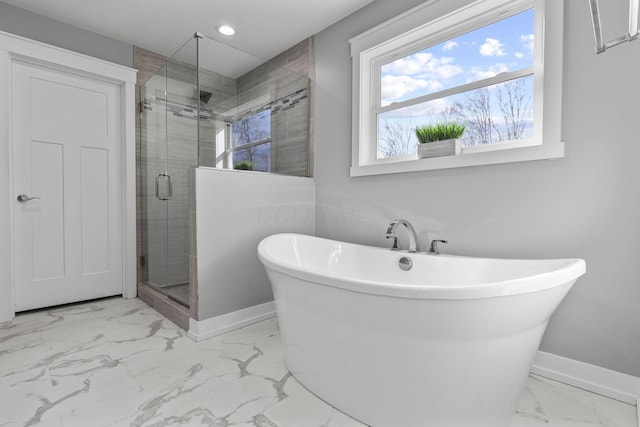 10695 State Route 93 N, Logan, OH 43138 - bathroom featuring baseboards, a shower stall, a wealth of natural light, and marble finish floor