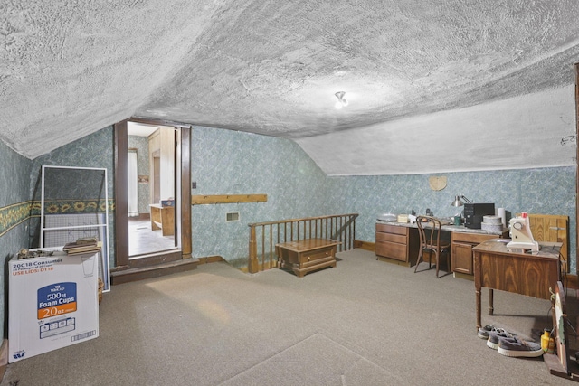 10695 State Route 93 N, Logan, OH 43138 - carpeted home office featuring a textured ceiling, wallpapered walls, and lofted ceiling