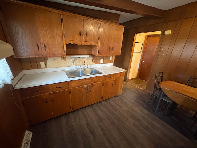 kitchen featuring a sink, light countertops, dark wood-style floors, and visible vents