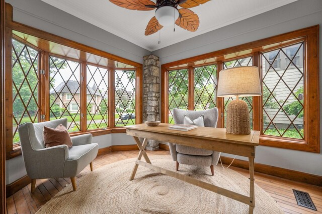 1920 Chatfield Rd, Columbus, OH 43221 - home office with baseboards, hardwood / wood-style floors, and a ceiling fan