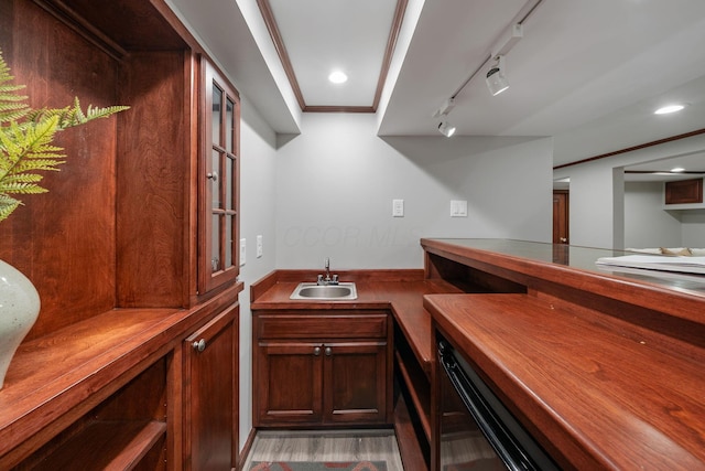 1920 Chatfield Rd, Columbus, OH 43221 - indoor wet bar featuring rail lighting, crown molding, and recessed lighting