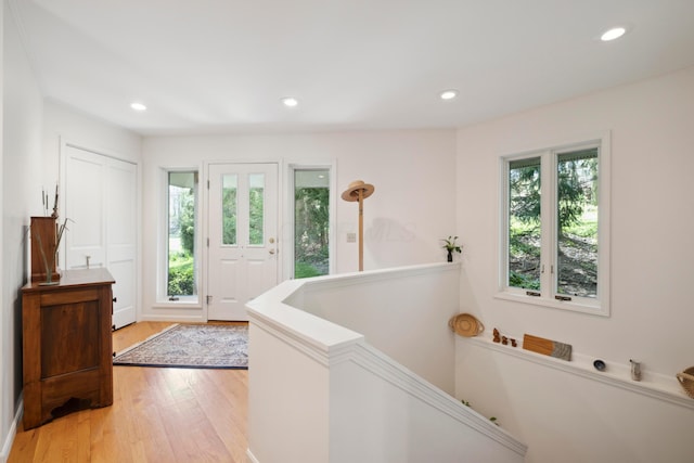 foyer with recessed lighting and light wood-style flooring
