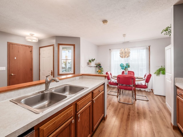 681 Millcrest Dr Unit 681, Marysville, OH 43040 - kitchen featuring a textured ceiling, light wood-type flooring, brown cabinets, a sink, and light countertops