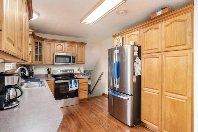 6065 Batavia Rd, Westerville, OH 43081 - kitchen with light wood-type flooring, a sink, light countertops, glass insert cabinets, and stainless steel appliances