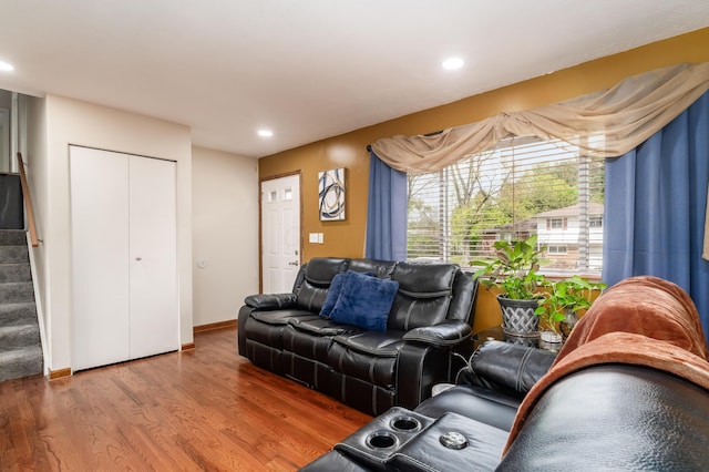 6065 Batavia Rd, Westerville, OH 43081 - living area featuring stairs, recessed lighting, baseboards, and wood finished floors