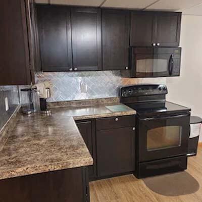 16900 Thompson Ridge Rd, Laurelville, OH 43135 - kitchen with dark brown cabinetry, light wood-type flooring, tasteful backsplash, and black appliances