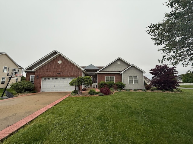 ranch-style house featuring brick siding, driveway, a front lawn, and a garage