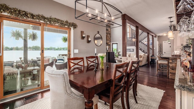 11290 Honeycreek Rd NW, Thornville, OH 43076 - dining area with a chandelier, dark wood finished floors, a water view, and stairs