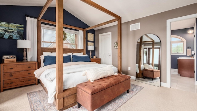 11290 Honeycreek Rd NW, Thornville, OH 43076 - carpeted bedroom featuring arched walkways, lofted ceiling, and baseboards