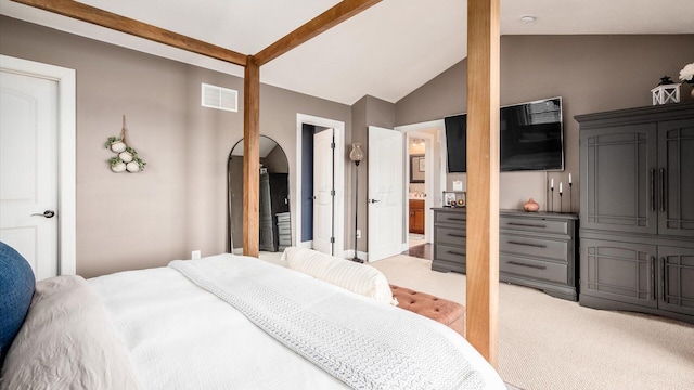 11290 Honeycreek Rd NW, Thornville, OH 43076 - bedroom with light carpet, lofted ceiling, and connected bathroom