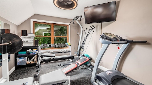 11290 Honeycreek Rd NW, Thornville, OH 43076 - exercise room featuring lofted ceiling and baseboards
