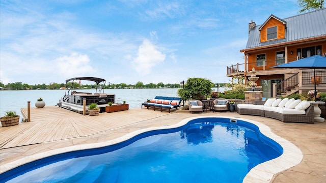 11290 Honeycreek Rd NW, Thornville, OH 43076 - swimming pool with an outdoor hangout area, a patio, stairs, and a boat dock