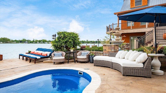 11290 Honeycreek Rd NW, Thornville, OH 43076 - view of swimming pool featuring outdoor lounge area, a patio area, a water view, stairs, and a hot tub