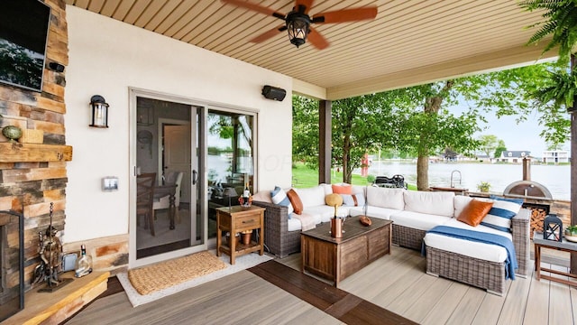 11290 Honeycreek Rd NW, Thornville, OH 43076 - wooden terrace featuring outdoor lounge area, a water view, and a ceiling fan