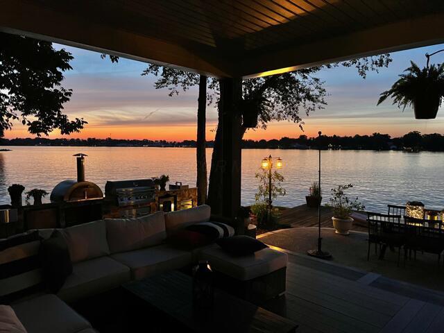 11290 Honeycreek Rd NW, Thornville, OH 43076 - view of patio with a water view, outdoor lounge area, and an outdoor kitchen