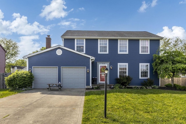 view of front facade with a front lawn, fence, a chimney, an attached garage, and driveway