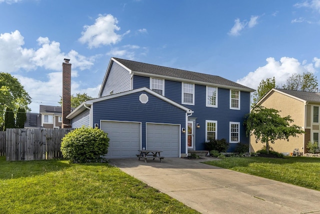 view of front facade with a garage, a front lawn, fence, and driveway