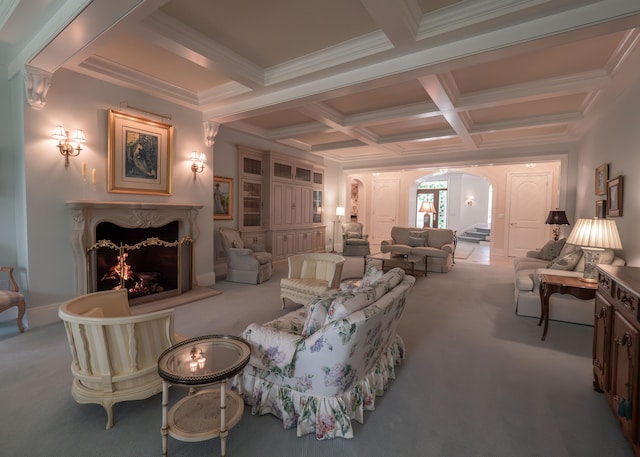 2528 Onandaga Dr, Upper Arlington, OH 43221 - living room with carpet floors, arched walkways, coffered ceiling, beamed ceiling, and a premium fireplace